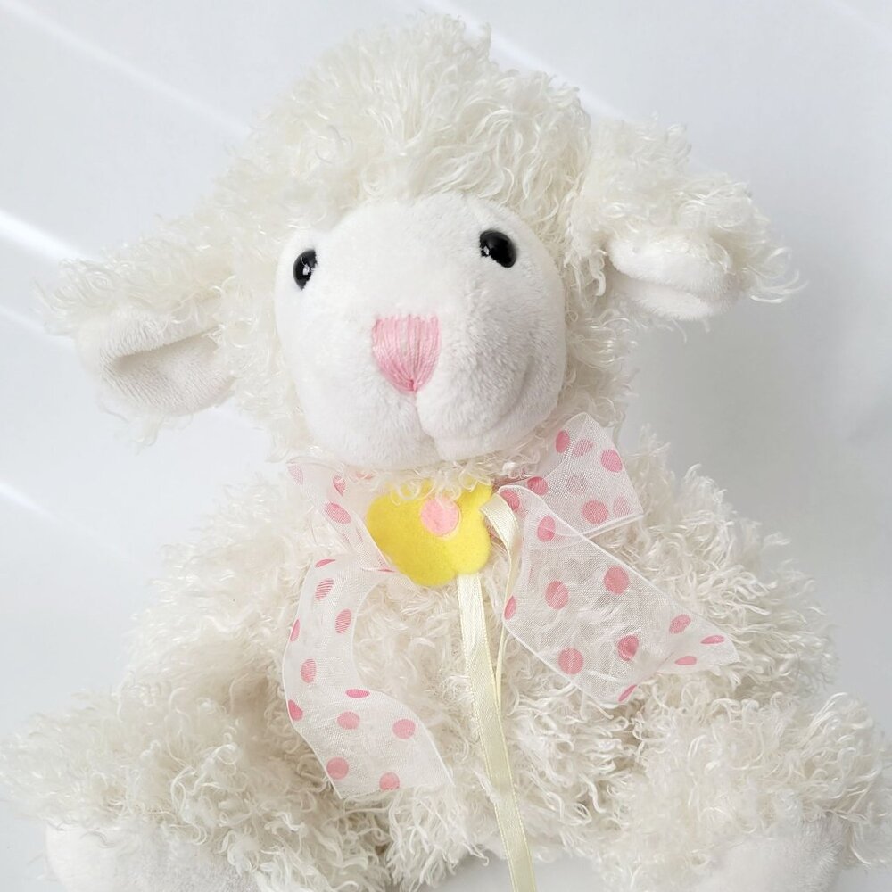 Lamb Curly Sheep White With Pink Polka Dot Ribbon Yellow Flower Stuffed Animal
